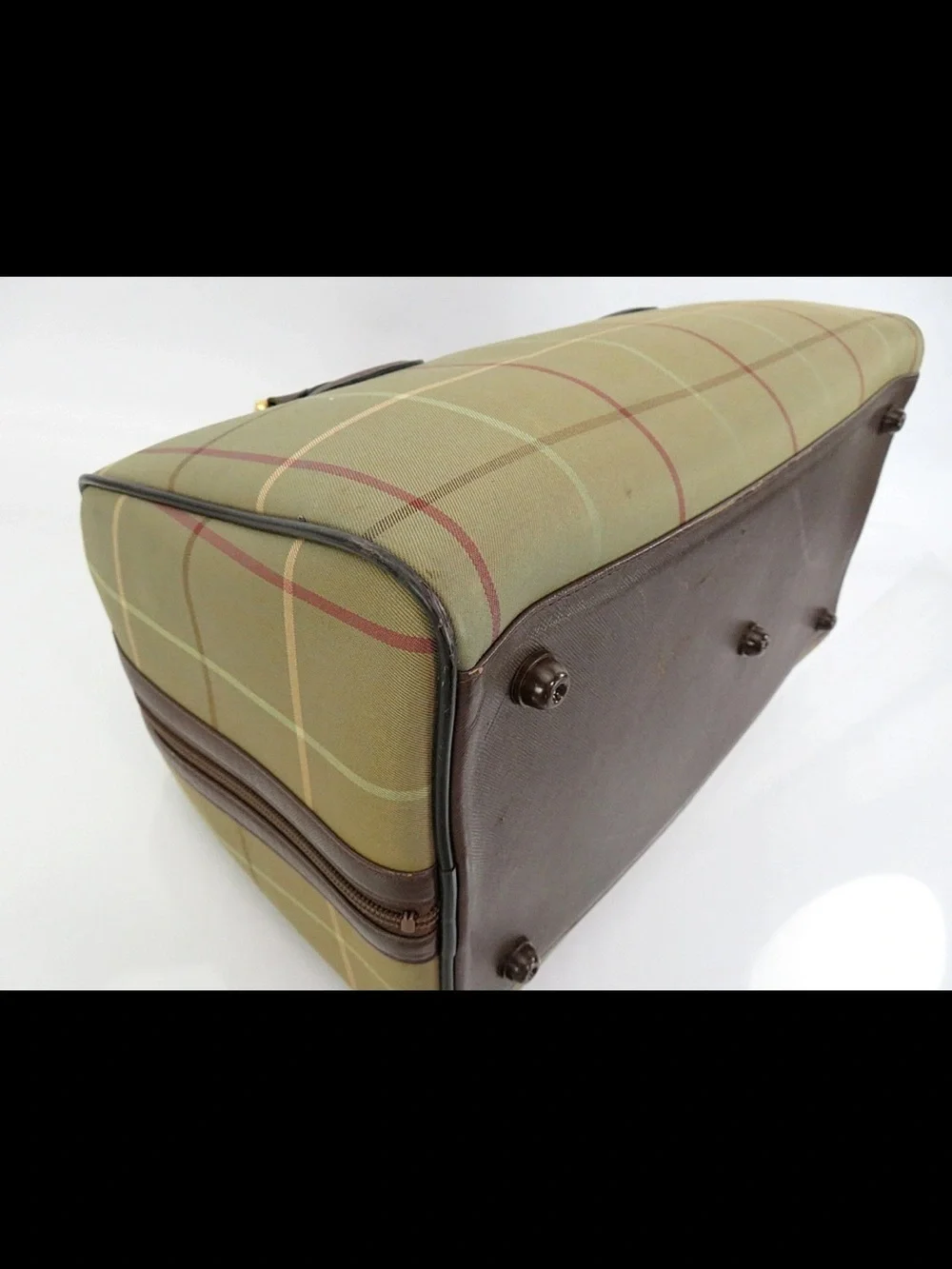 Burberry Olive Green Plaid Canvas Top-Handle Satchel with Brown Leather Trim